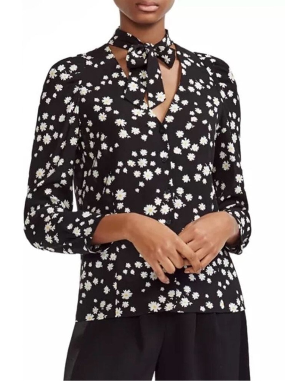 Maje - Cosini Daisy Print Tie Neck Blouse - Black